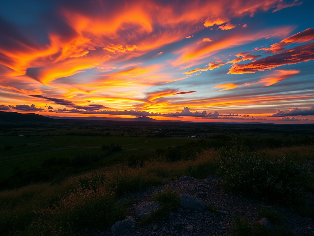 Create a high-resolution image of a scenic landscape during sunset with vibrant colors and dynamic clouds using a DSLR camera with a 24mm lens at f/8, ISO 100, and a shutter speed of 1/125 sec, capturing a wide-angle view for expansive depth.