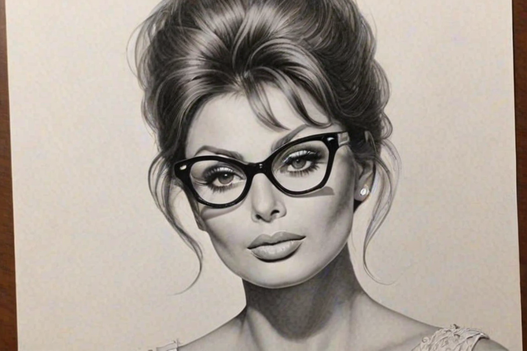 Beautiful Sophia Loren, pencil sketch, portrait of beautiful woman 60s in glasses, hair style beatnik, outline, clear lines, fine lines, 8k