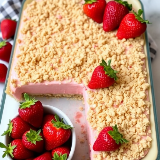 A rectangular dessert with a creamy pink filling and a crumbly topping made of crushed strawberries and cookies, decorated with whole strawberries on top, set in a baking dish with a piece cut out, surrounded by fresh strawberries in a bowl.