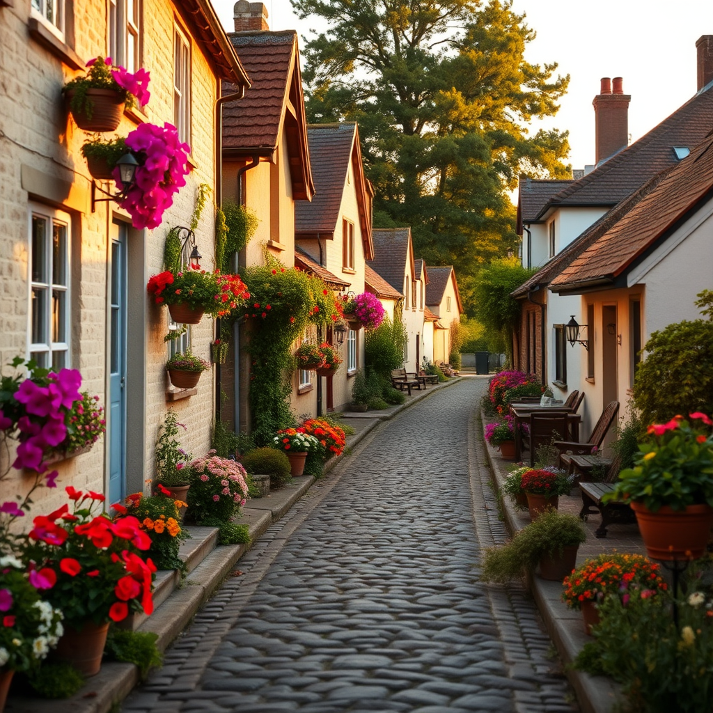 regenerate an idyllic village street scene with cobblestone pathway lined with charming cottages adorned with vibrant flowers, captured during golden hour using a DSLR camera, 35mm lens, aperture f/8, ISO 100, wide-angle view, soft focus background for enhanced depth of field
