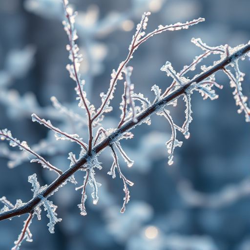 Regenerate an image of frosted branches with intricate ice crystals, captured using a DSLR camera with a 50mm lens, aperture set to f/2.8, ISO 100, and a shallow depth of field for a dreamy background blur, in soft morning light.
