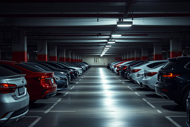 high-resolution image of a dimly lit parking garage filled with parked cars, use a DSLR camera with a 50mm lens, aperture f/2.8, ISO 400, shutter speed 1/60s, capture the reflections and ambient light with a wide-angle view for depth