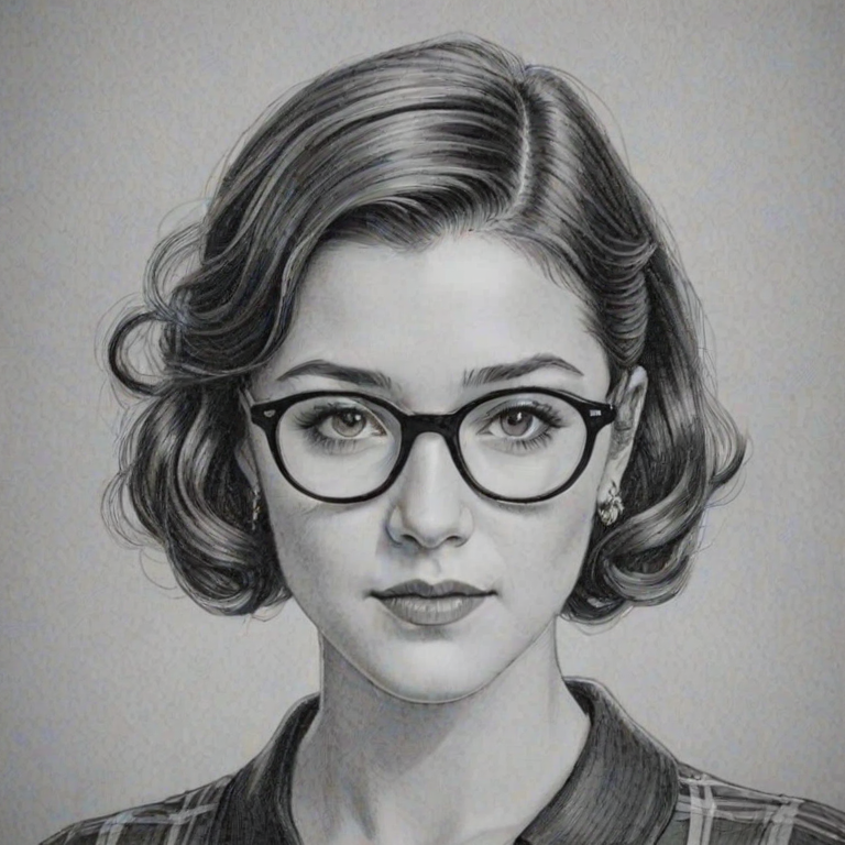 Charming Mary Elizabeth Winstead, pencil sketch, portrait of Enchanting woman 1930s in glasses, hair style beatnik, outline, clear lines, fine lines, 8k