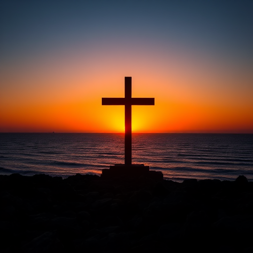 Cross silhouetted against a vibrant sunset over the ocean, rocky shoreline in the foreground, captured with a Canon EOS R5, 50mm lens, f/2.8 aperture, ISO 100, at sunset with warm lighting and high dynamic range.