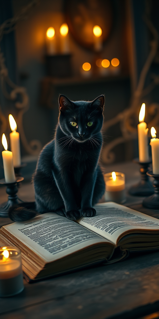 A black cat sitting on an open ancient book surrounded by flickering candles in a dimly lit, magical room, captured with a DSLR camera at f/2.8, ISO 200, 50mm lens, in soft focus with warm lighting for a mystical ambiance.