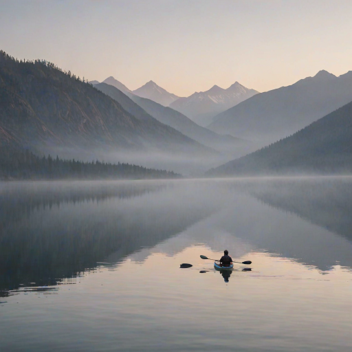 Softly focused image of a lone kayaker paddling through a calm lake at dawn, the soft mist rising from the water, with distant mountains and soft pastel colors reflecting on the water's surface.