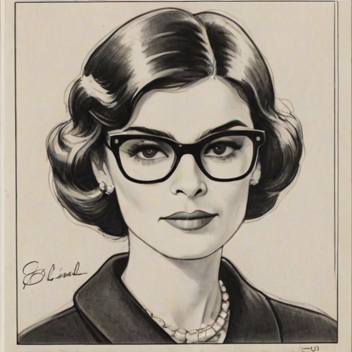 Beauteous Coco Chanel, pencil sketch, portrait of Fetching woman 1965s in glasses, hair style beatnik, outline, clear lines, fine lines, 8k