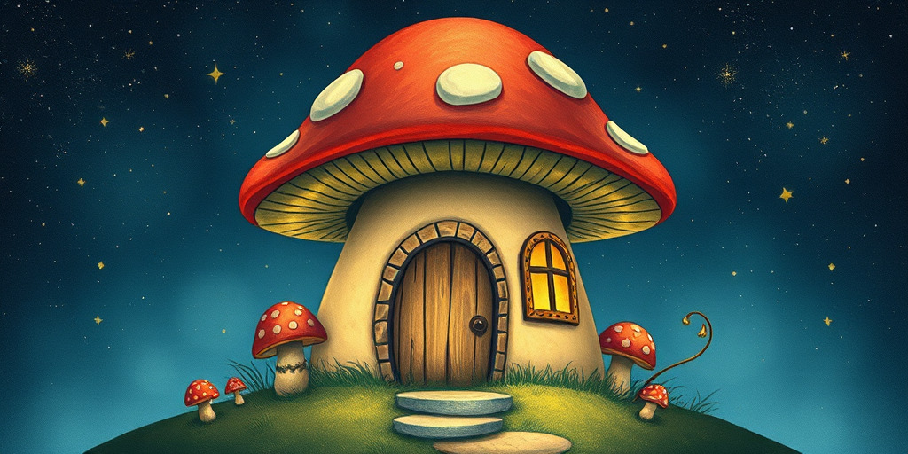 this picture is illustration of a mushroom house with a door and a window, a storybook , fantasy art, mushroom house, bg starry sky, sparkles