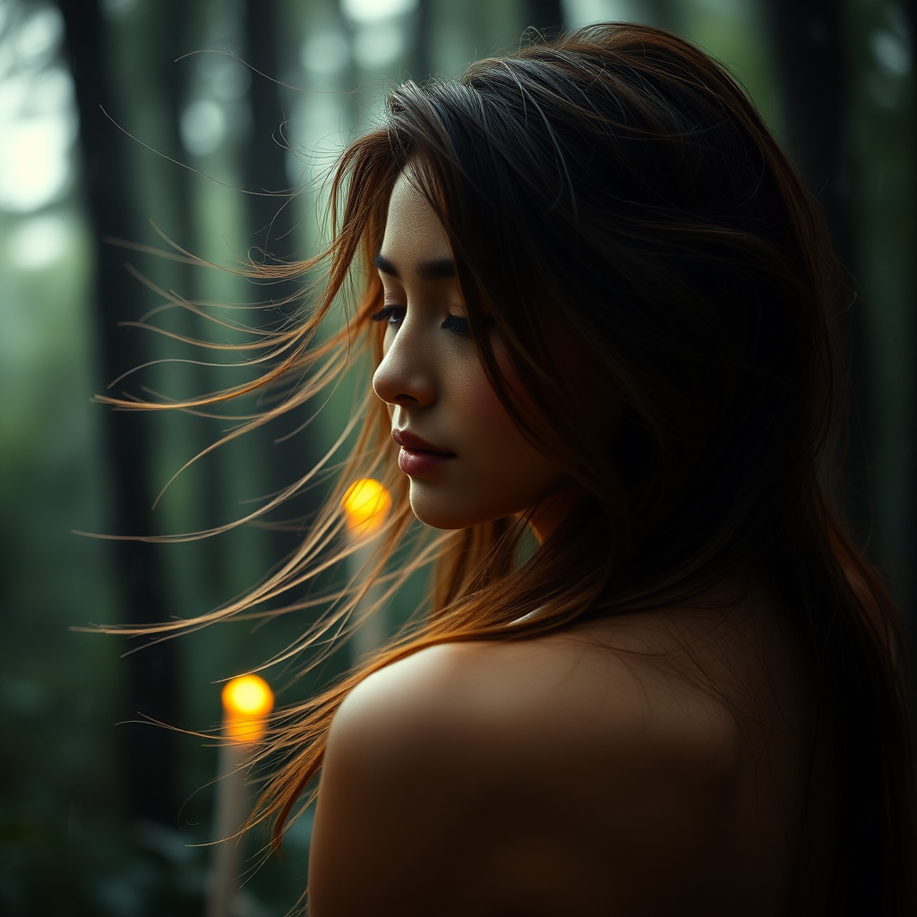 A serene woman with flowing hair in a rain-soaked forest, soft lighting with a glowing candle in the background, captured with a Canon EOS R5, 50mm lens, f/1.8 aperture, ISO 100, shutter speed 1/200, shallow depth of field for a dreamy effect.