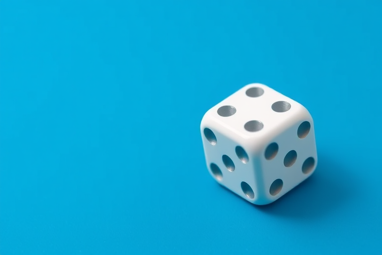 Create an image of a stylized white dice with dots on a vibrant blue background, captured using a DSLR camera at f/8 aperture, 50mm lens, ISO 100, in a slight overhead view to highlight the 3D effect and enhance detail.
