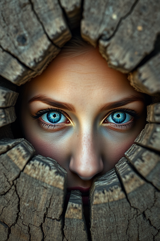 Create a highly detailed portrait of a young woman with striking blue eyes emerging from a cracked, wooden surface, using a Canon EOS R5 with a 50mm f/1.2 lens, aperture set to f/1.2 for a shallow depth of field, soft light for even illumination, and a hyper-realistic style.