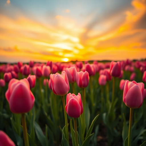 high-resolution image of a field of pink tulips under a dramatic sunset sky, depth of field focusing on foreground flowers, aperture f/2.8, ISO 100, 50mm lens, shot from a low angle to capture the vibrant colors, soft lighting, DSLR camera