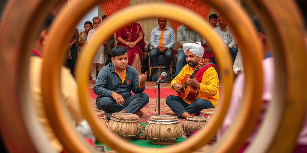 Capture a cultural event with two musicians seated around traditional instruments, framing the shot through circular elements, using a Canon EOS R5 with a 50mm lens at f/1.8, ISO 200, and a shutter speed of 1/125s for a vibrant and focused image.
