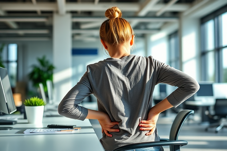 a woman sitting at a desk with a pained expression holding her lower back in a bright, modern office interior, natural light streaming in, using a 50mm lens, f/2.8 aperture, ISO 200, 1/60 sec shutter speed, shot from a slightly elevated angle to emphasize posture and discomfort