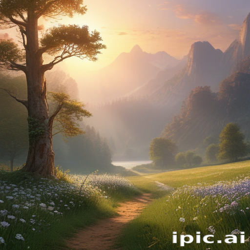 Serene Mountain Landscape at Sunrise with Lush Greenery and Tranquil ...