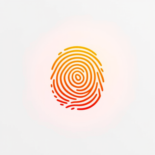 high-resolution fingerprint icon with a gradient from yellow to orange on a white background, captured with a Canon EOS R5 at f/2.8, ISO 100, 50mm lens, top-down view, soft lighting, minimalistic design