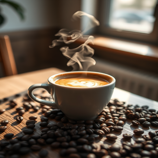 A beautifully presented cup of coffee with steam rising, placed on a wooden table with coffee beans scattered around, soft natural light coming from a nearby window, shot with a DSLR camera at f/1.8, ISO 100, 50mm lens, shallow depth of field for a blurred background effect.