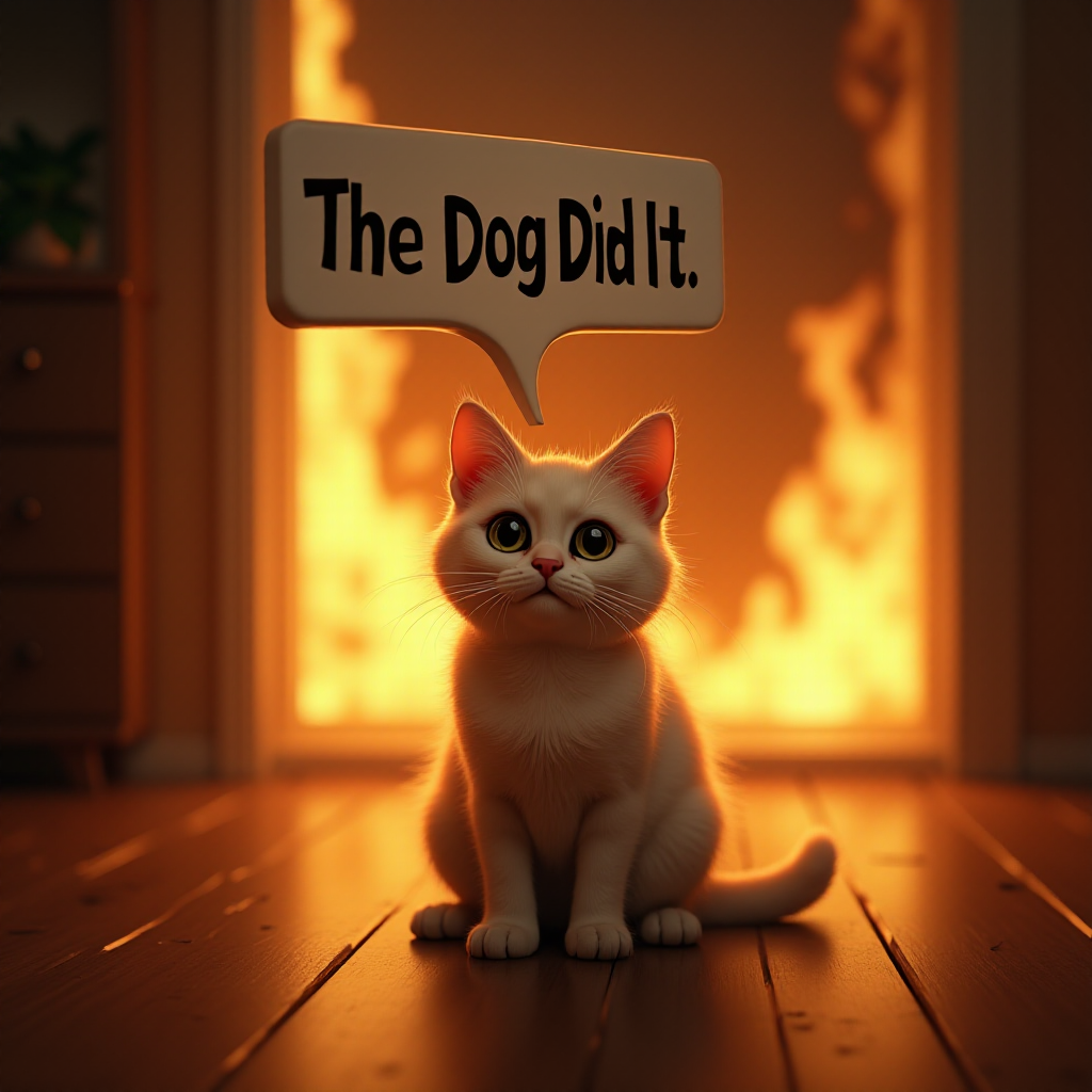 Photorealistic image of an innocent-looking cat sitting calmly in the middle of a burning room. Flames engulf the room, with fire licking up the walls and smoke filling the air. The cat is sitting on the floor, looking directly at the viewer with wide, innocent eyes. Above the cat, a speech bubble says "The Dog Did It". The contrast between the cat's calm demeanor and the chaos around it creates a humorous and surreal scene.