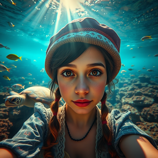 Realistic selfie image of a Guarani, wearing a vintage outfit, detailed dreamy eyes, droopy hooded eyes, staring at the camera, taken underwater at coral reef with a sunbeam filtering through the water, vibrant, summer vacation, natural lighting, turtle and school of tropical fish with vibrant colors, rendered in the style of CryEngine, Pegi Nicol MacLeod, with realistic genre scenes, hauntingly beautiful narratives, ultra-realism, and Thomas Saliot's close-up technique, 8K resolution, crystal clear and sparkling water.