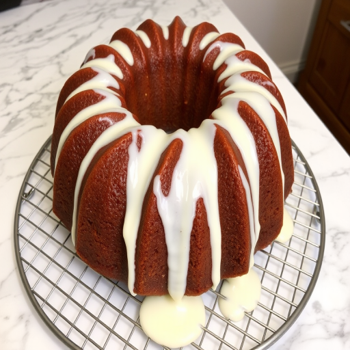 A moist bundt cake with a smooth cream glaze drizzling down the sides placed on a wire rack on a marble countertop.