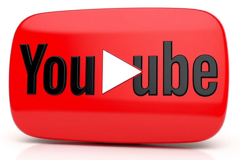 Create a 3D render of a glossy YouTube logo with a red play button and bold black text, using a Canon EOS R5 camera with a 50mm lens, f/1.8 aperture, ISO 100, and a softbox lighting setup, shot from a slightly elevated angle to enhance depth and detail.