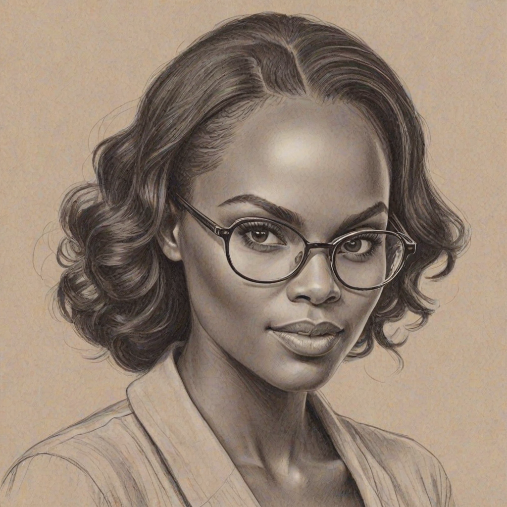 Enchanting Tika Sumpter, pencil sketch, portrait of Attractive woman 1955s in glasses, hair style beatnik, outline, clear lines, fine lines, 8k