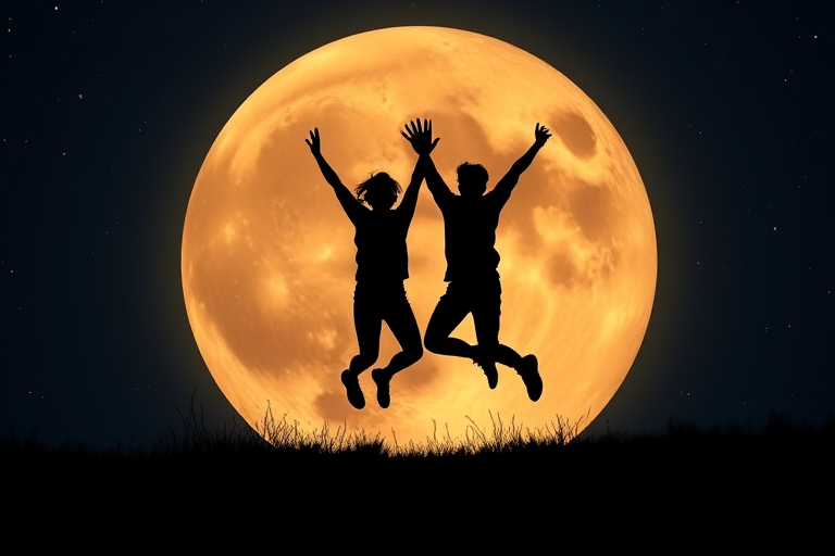 Create a silhouette image of two people joyfully jumping in front of a large, glowing full moon with a starry night sky, captured with a Canon EOS 5D Mark IV, aperture f/2.8, shutter speed 1/60s, ISO 800, wide-angle lens at 24mm, in a low-angle view to emphasize the moon's size and the subjects' excitement.