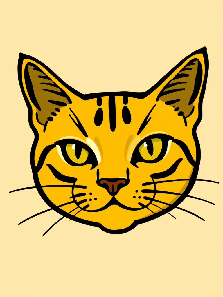 Create a vibrant illustration of a stylized yellow cat face with bold black outlines, using a digital painting technique, captured with a 50mm f/1.8 lens at ISO 100, shot from a frontal view to highlight the features, in a high-definition format.