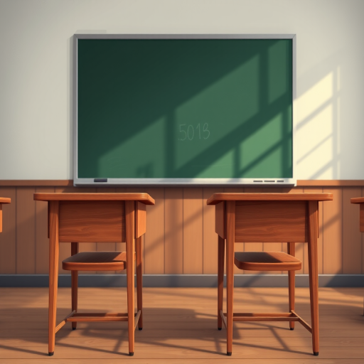 Create a high-resolution illustration of a classroom scene featuring two wooden desks facing a blackboard, using a Canon EOS R5 camera, 50mm lens, f/1.8 aperture, ISO 200, with a shallow depth of field to enhance focus on the desks and blackboard, in a well-lit environment.