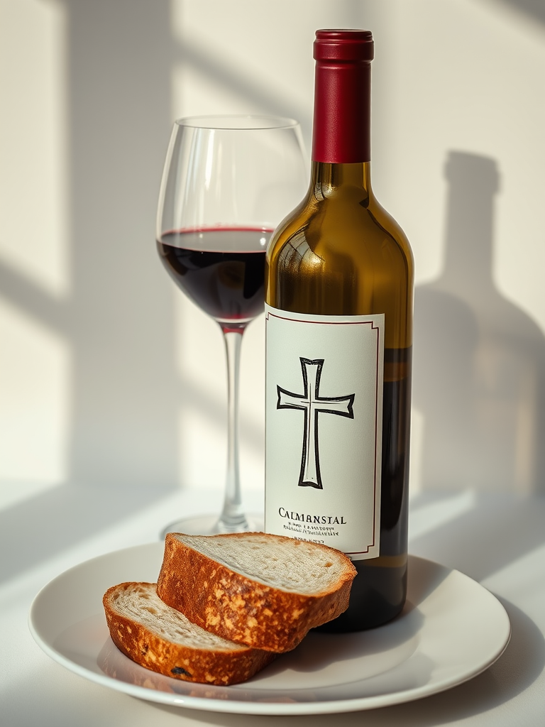 photograph of a wine bottle with a label featuring a cross, a glass of red wine, and sliced bread arranged on a white plate, natural lighting, aperture f/2.8, shutter speed 1/60s, ISO 100, 50mm lens, shallow depth of field, studio setup