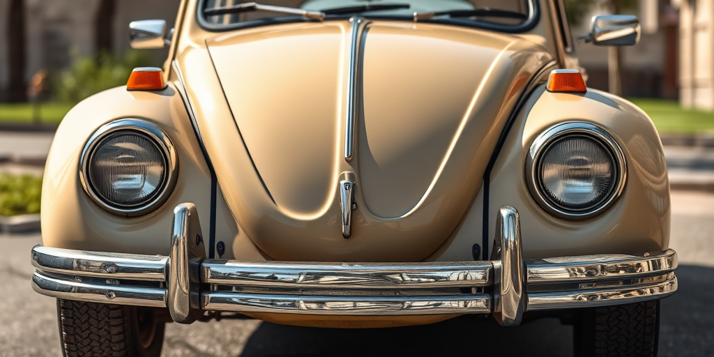 Regenerate the image of a vintage beige Volkswagen Beetle, shot at f/8 aperture, ISO 100, 1/250 sec shutter speed, using a 50mm prime lens, in a shallow depth of field, front three-quarter view, natural lighting for enhanced quality.