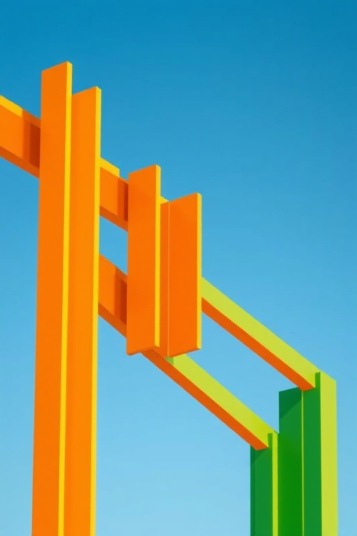 Create an abstract graphic featuring vertical bars in shades of orange, yellow, and green against a gradient blue sky background, using a wide-angle lens with an aperture of f/8, ISO 100, and a high dynamic range to enhance color vibrancy and clarity.