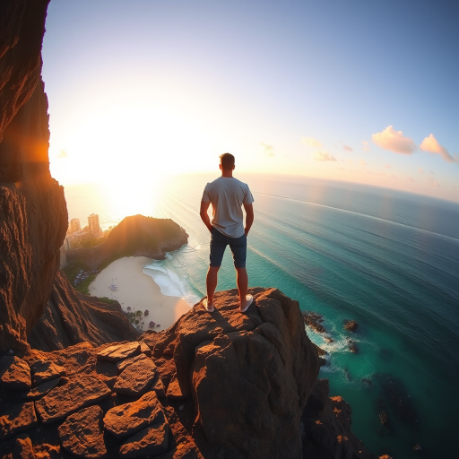 A man standing on a rocky cliff overlooking a tropical beach and ocean, golden hour lighting, wide-angle lens, f/11 aperture, ISO 100, shot with a DSLR camera at a 24mm focal length, cinematic style.