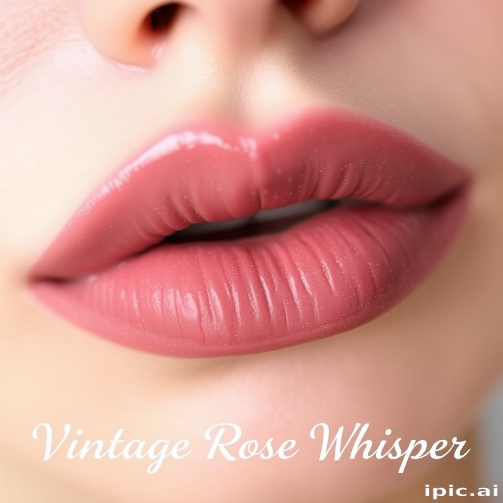 Dusty mauve lips with a soft, powdery finish and blurred edges, titled "Vintage Rose Whisper"