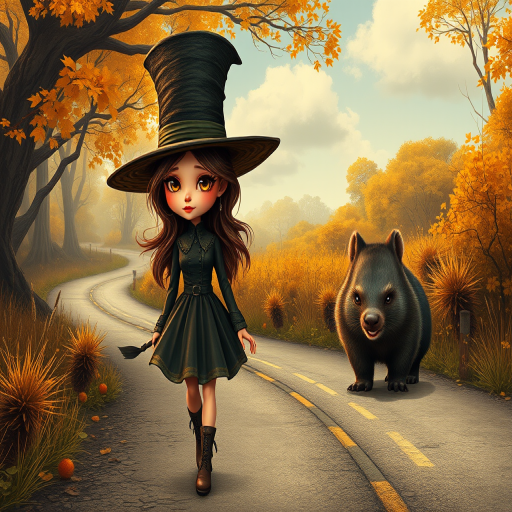 digital art fantasy depicting a strange girl with brown hair, long eyelashes, Yellow lipstick and a tall hat walking along a winding road on an autumn afternoon, an Wombat smiles as she passes