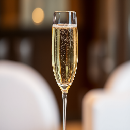 Generate a high-resolution image of a champagne glass filled with sparkling liquid, captured using a DSLR camera at f/2.8 aperture, 50mm lens, 1/125 sec shutter speed, in a well-lit setting with soft focus background for enhanced depth.