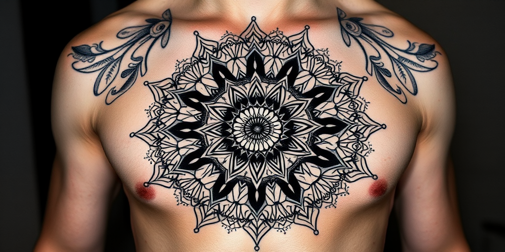 Intricate blackwork geometric mandala covering entire chest and abdomen, precise lines and symmetrical patterns creating hypnotic effect, stark contrast against skin