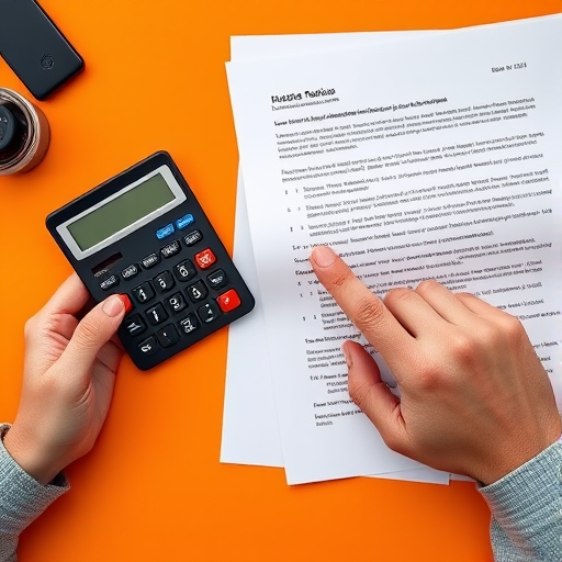 Aerial view of a calculator and hands pointing at a document, warm orange background, sharp focus, ISO 100, f/2.8, 1/100s, DSLR camera, natural light.