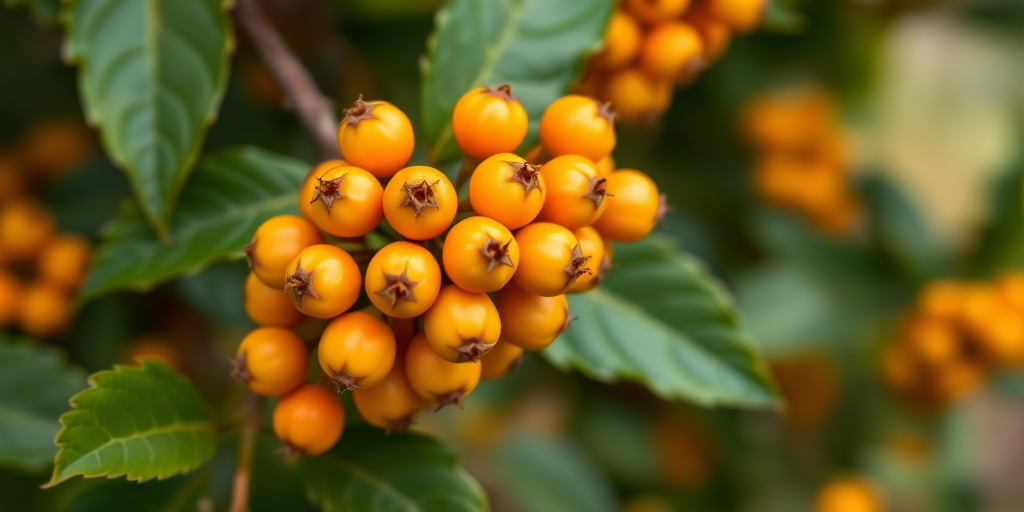 Capture a close-up of a cluster of bright orange and yellow berries on a green leafy background, using a 50mm lens, aperture f/2.8, shutter speed 1/200s, ISO 200, with natural lighting and a shallow depth of field to create a soft bokeh effect.