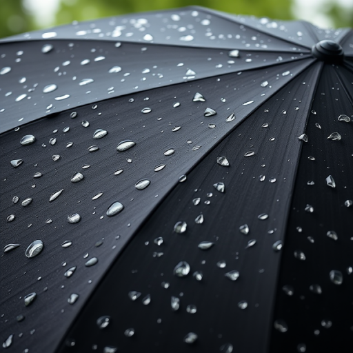 Create a high-resolution image of a black umbrella with white raindrop patterns, photographed at a 45-degree angle, using a DSLR camera with a 50mm lens, aperture set to f/2.8, ISO 100, and natural lighting for enhanced clarity.