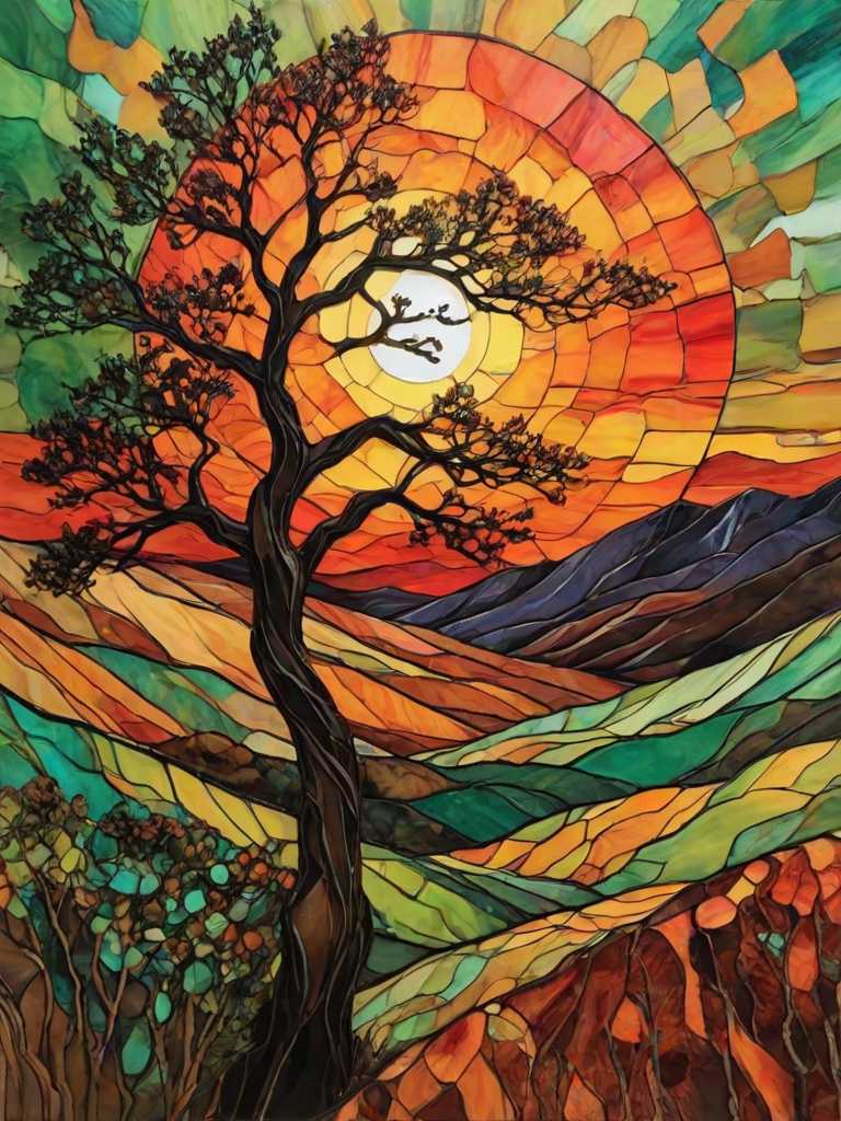 A vibrant abstract painting on Tiffany Glass, blending acrylic and alcohol ink techniques, captures a dramatic sunset over rolling hills. The artwork features a textured, rocky foreground in green and brown, layered abstract hills, and a striking sunset in rich oranges, yellows, and reds. A solitary black tree with intricate branches contrasts against the fiery sky, creating a dynamic and expressive portrayal of a breathtaking natural scene.