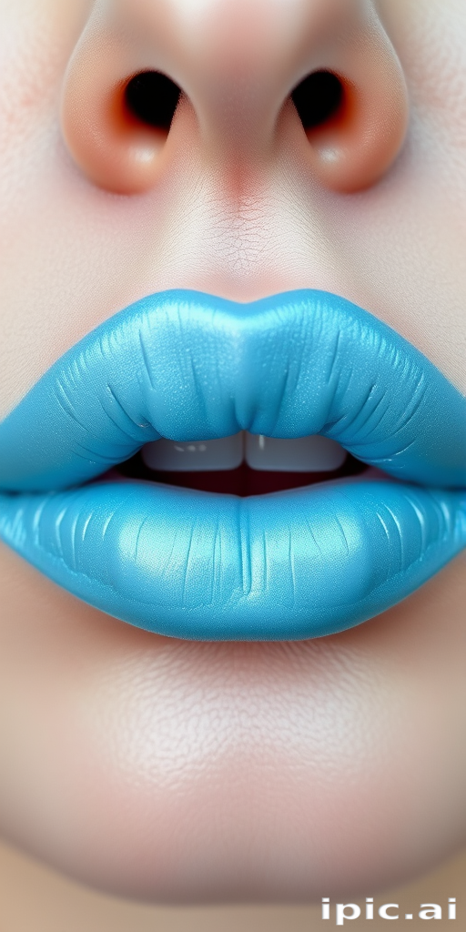 Whimsical pastel blue lips with a frosted finish, evoking a dreamy and fantastical aesthetic, ideal for creative and artistic makeup