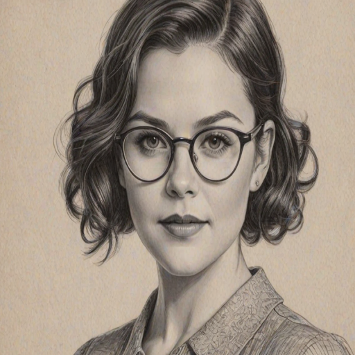 Wonderful Ginnifer Goodwin, pencil sketch, portrait of Attractive woman 1938s in glasses, hair style beatnik, outline, clear lines, fine lines, 8k