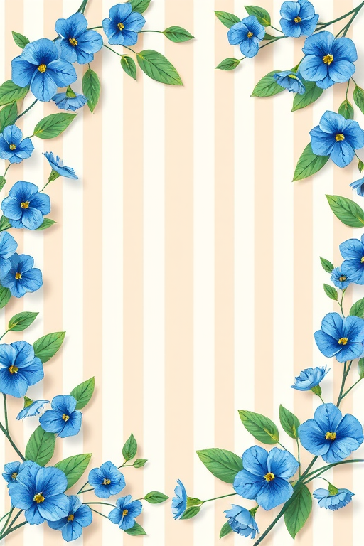 floral border design with blue flowers and green leaves on a beige striped background, circular frame, high resolution, camera settings f/4.0, 1/125s, ISO 100, shot at 50mm, natural light, macro photography style, using a DSLR camera