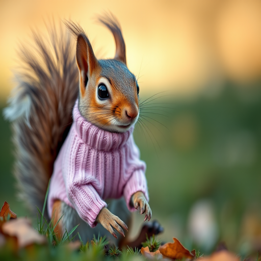 Create a highly detailed, realistic image of a cute squirrel wearing a pink sweater, captured with a Canon EOS R5, 50mm lens, f/1.8, ISO 200, in natural lighting with a shallow depth of field, ensuring a soft blurred background to enhance focus on the squirrel.
