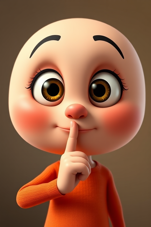 Create a digital illustration of a cartoon character with a large round head, big expressive eyes, and a finger placed on its lips in a "shushing" gesture, using a 50mm lens at f/2.8, shot from a frontal view with soft lighting to enhance facial features, in high-resolution PNG format.