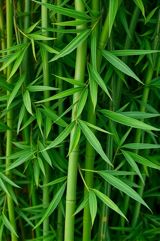high-resolution digital illustration of bamboo in a bright green color palette, with detailed leaf textures and sharp lines, shot with a Canon EOS R5 at f/8, ISO 100, 35mm focal length, in a top-down view, using a macro lens to capture intricate details and enhance vibrancy.