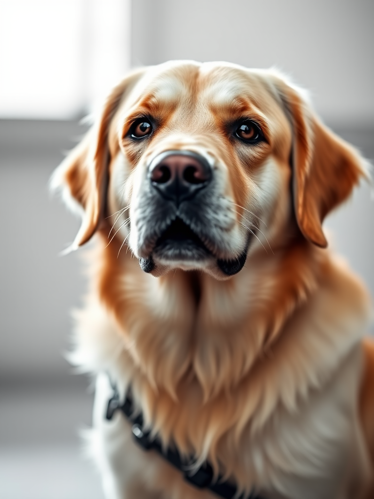 Generate a high-resolution portrait of a Golden Retriever in a minimalist line art style, using a DSLR camera with a 50mm lens, aperture set at f/2.8, ISO 100, and a soft focus background to enhance the subject clarity and detail.
