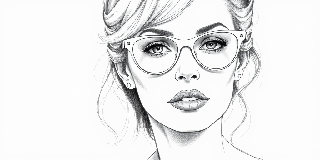 Beautiful Lauren Bacall, pencil sketch, portrait of beautiful woman 60s in glasses, hair style beatnik, outline, clear lines, fine lines, 8k