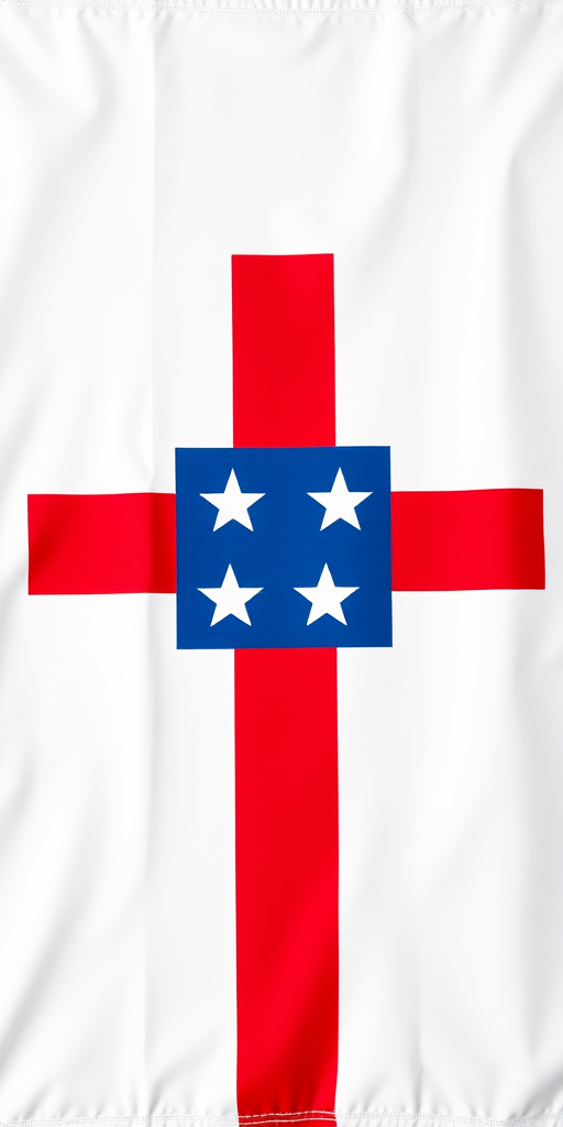 Create a high-resolution image of a flag design featuring a bright red cross on a white background, incorporating a blue section with four black-bordered squares, each containing a white star, captured with a DSLR camera, 50mm lens, f/8 aperture, ISO 100, and natural light for enhanced color vibrancy.